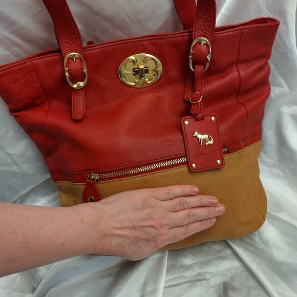 * Emma Fox Beautiful LEATHER Handbag LARGE Red Yellow Brown Huge Interior Gold - Picture 1 of 16